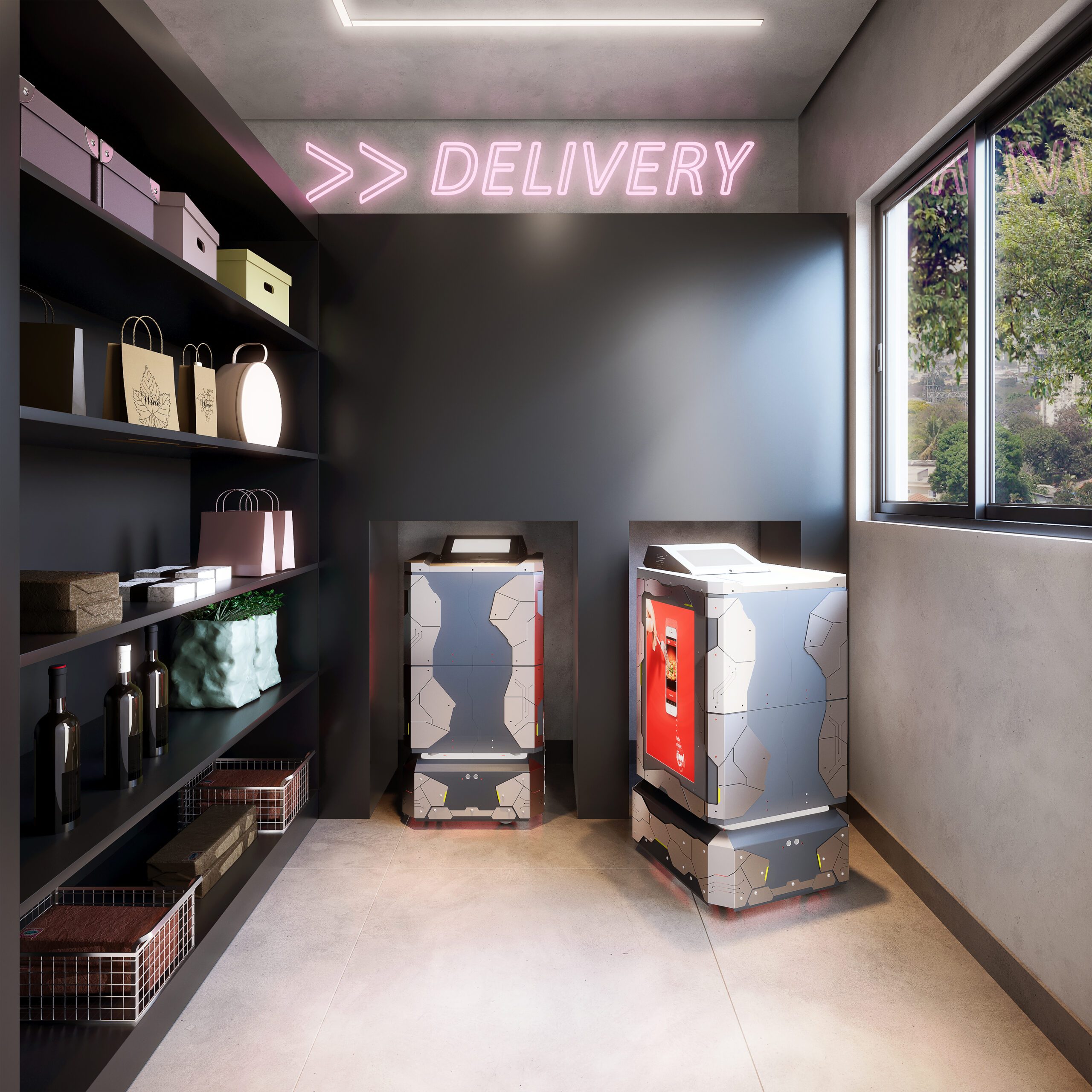 Área de delivery com robôs indoor
