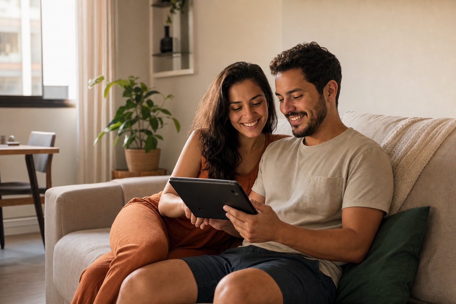 Casal conversando sobre o financiamento do primeiro apartamento